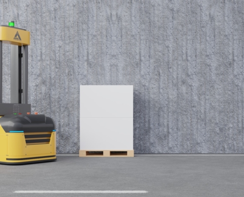 agv forklift transporting on a concrete wall and flooring