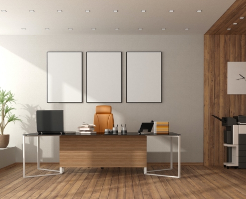 modern office with desk chair and photocopier